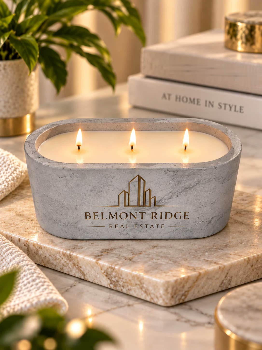 Grey concrete candle with three lit wicks and a gold skyline logo reading Belmont Ridge Real Estate.