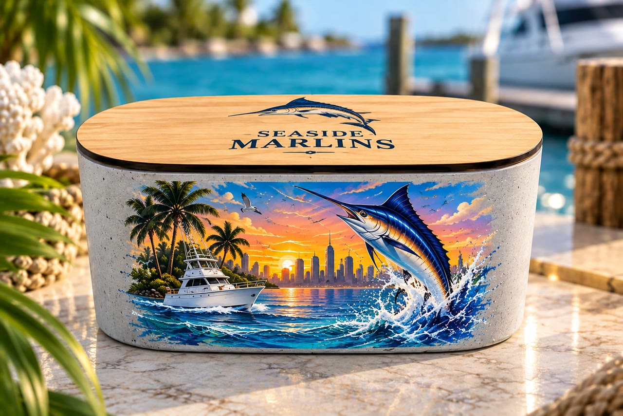 Concrete candle with a jumping marlin, a boat, and a city skyline at sunset, Seaside Marlins on the wooden lid.