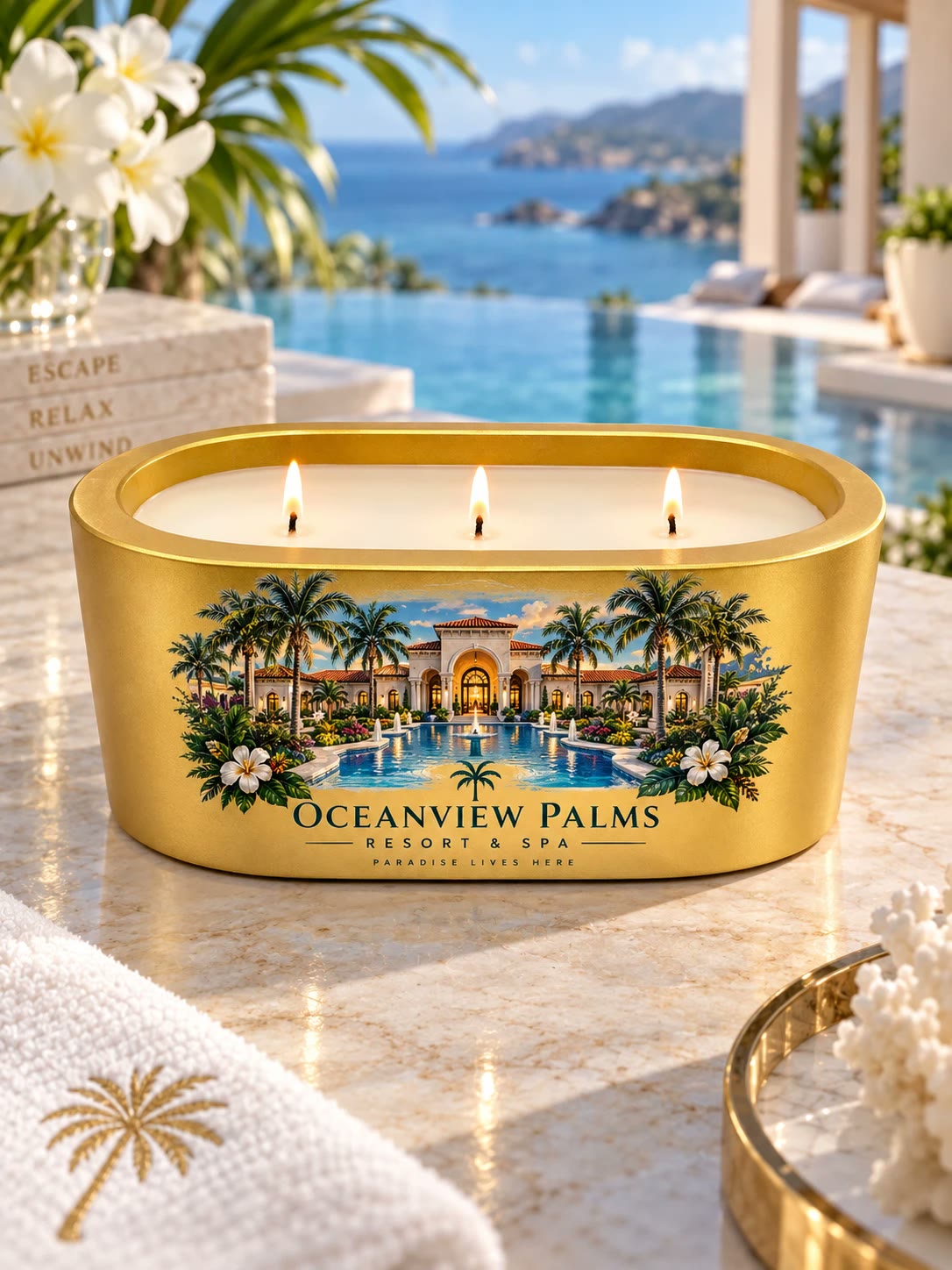 Gold candle with three lit wicks and art of a resort courtyard and pool, labeled Oceanview Palms Resort and Spa.