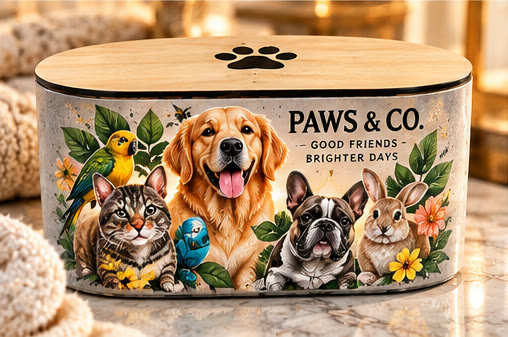 Candle wrapped in art of a golden retriever, a cat, a French bulldog, a rabbit, and two birds, labeled Paws and Co., with a paw print on the lid.
