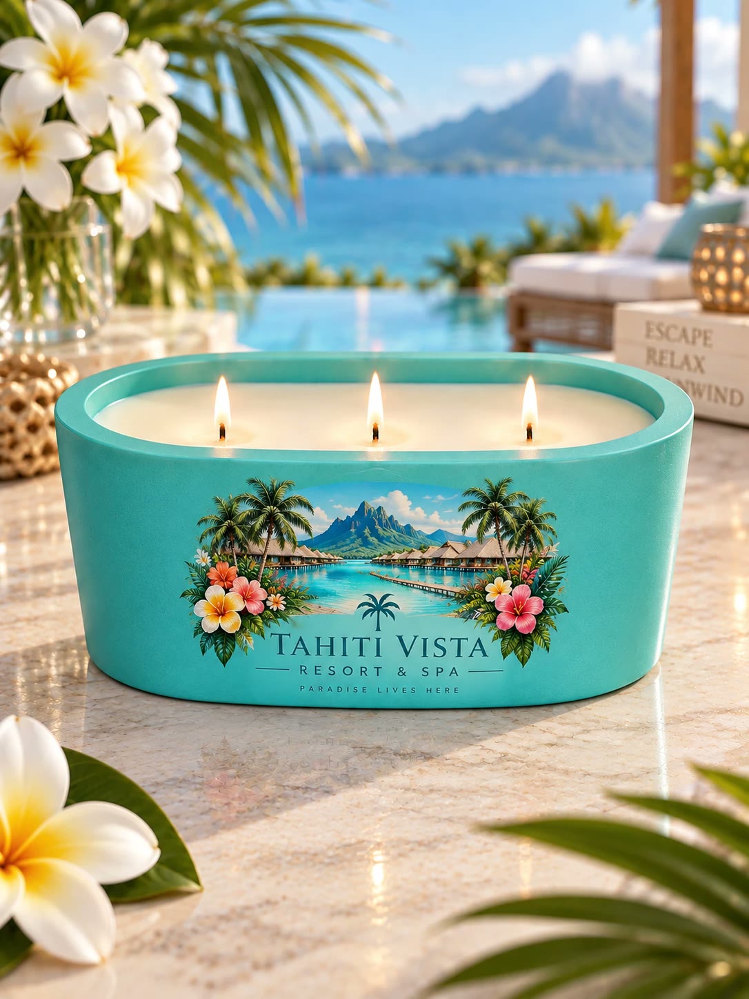 Turquoise candle with three lit wicks and art of overwater villas under a mountain, labeled Tahiti Vista Resort and Spa.