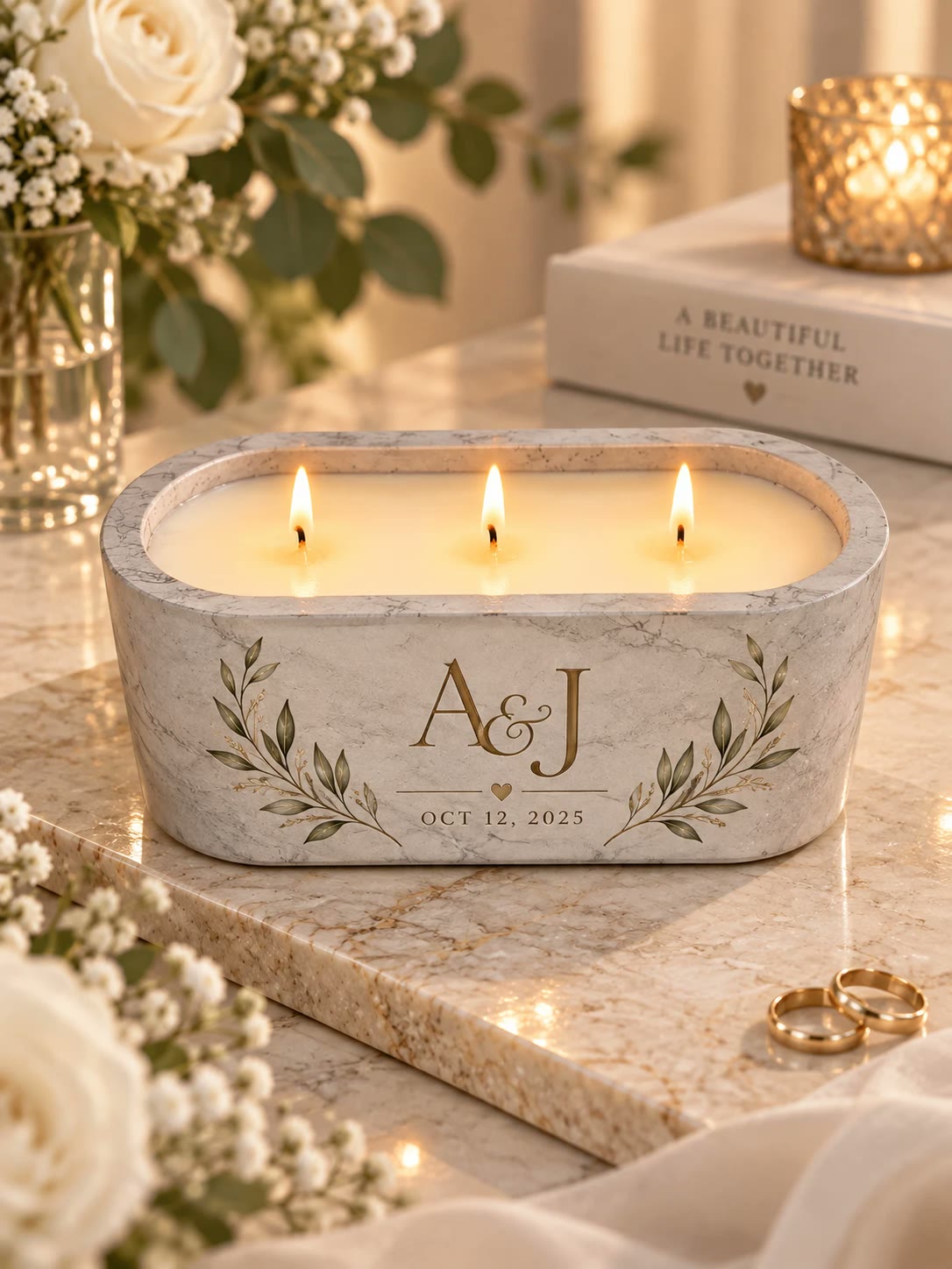 Marbled candle with three lit wicks, the initials A and J in gold, the date Oct 12, 2025, and olive branches.