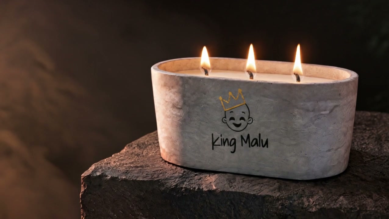 A grey concrete King Malu candle with three lit wicks on a dark stone block, the crowned face and the King Malu name printed on its front.