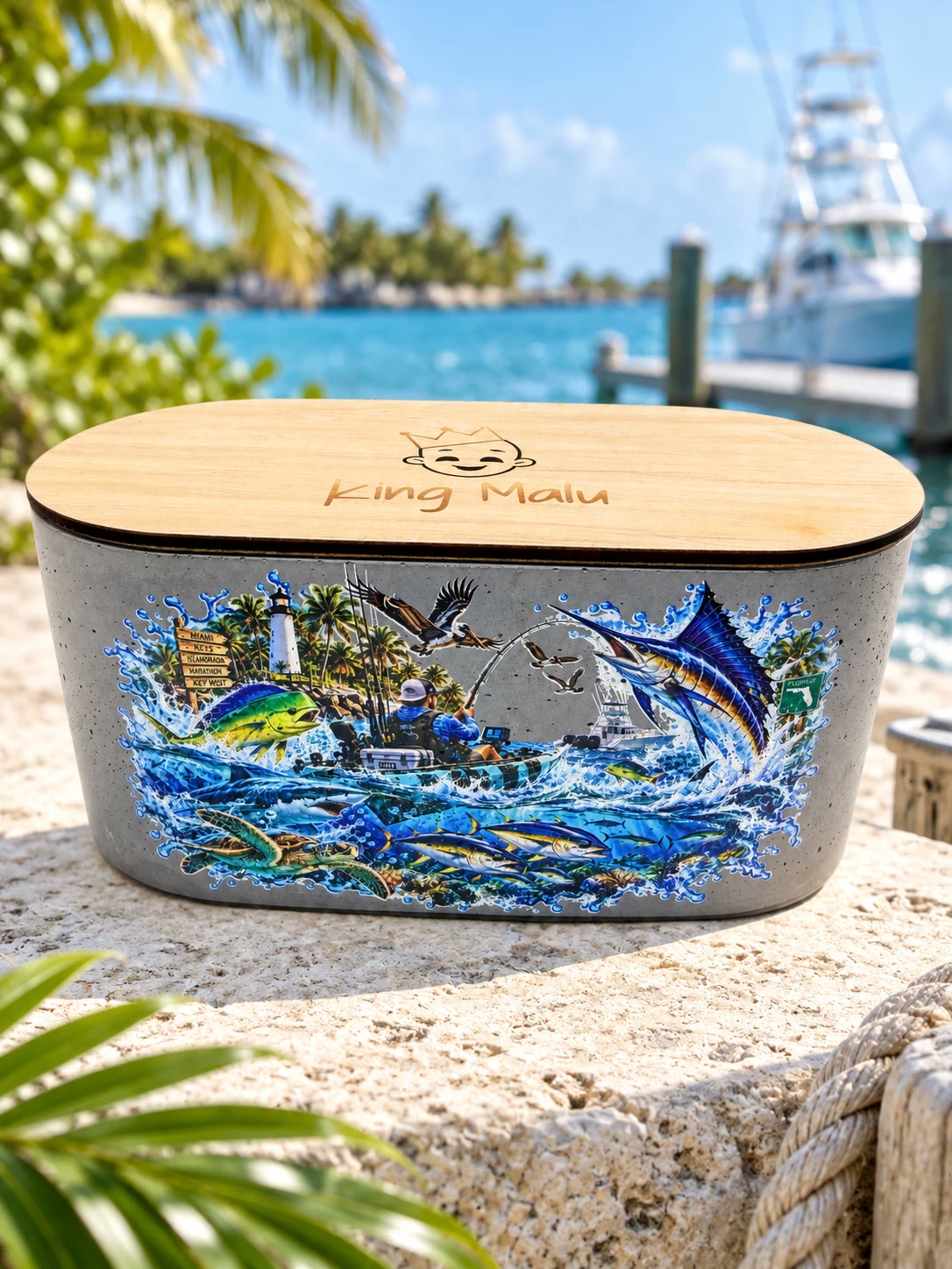 Concrete candle wrapped in art of a marlin, mahi, and a Florida Keys lighthouse, on a sunny dock.