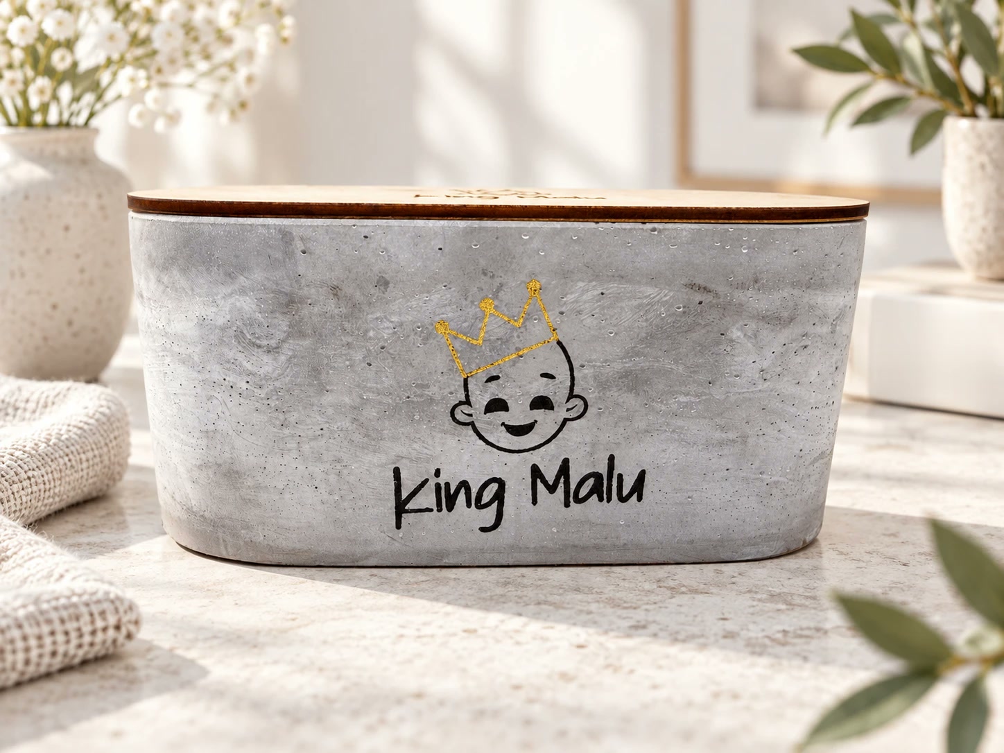 Grey concrete candle with the gold crown King Malu mark, wooden lid on top.