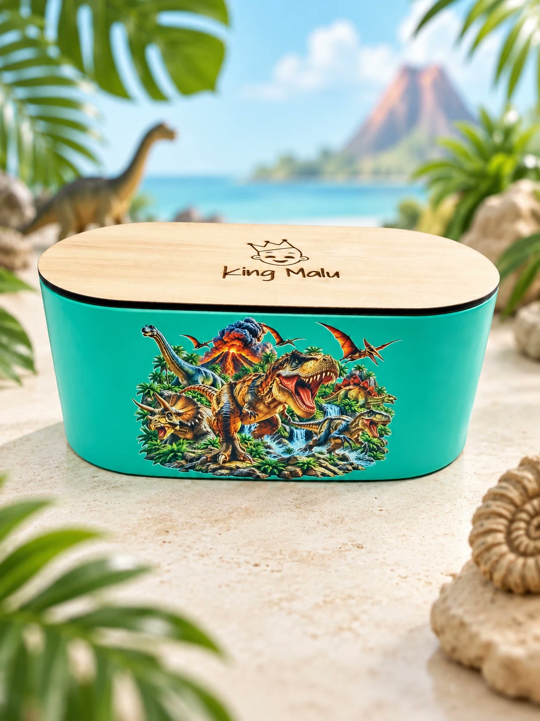 Teal candle wrapped in art of dinosaurs and an erupting volcano, King Malu engraved on the lid.